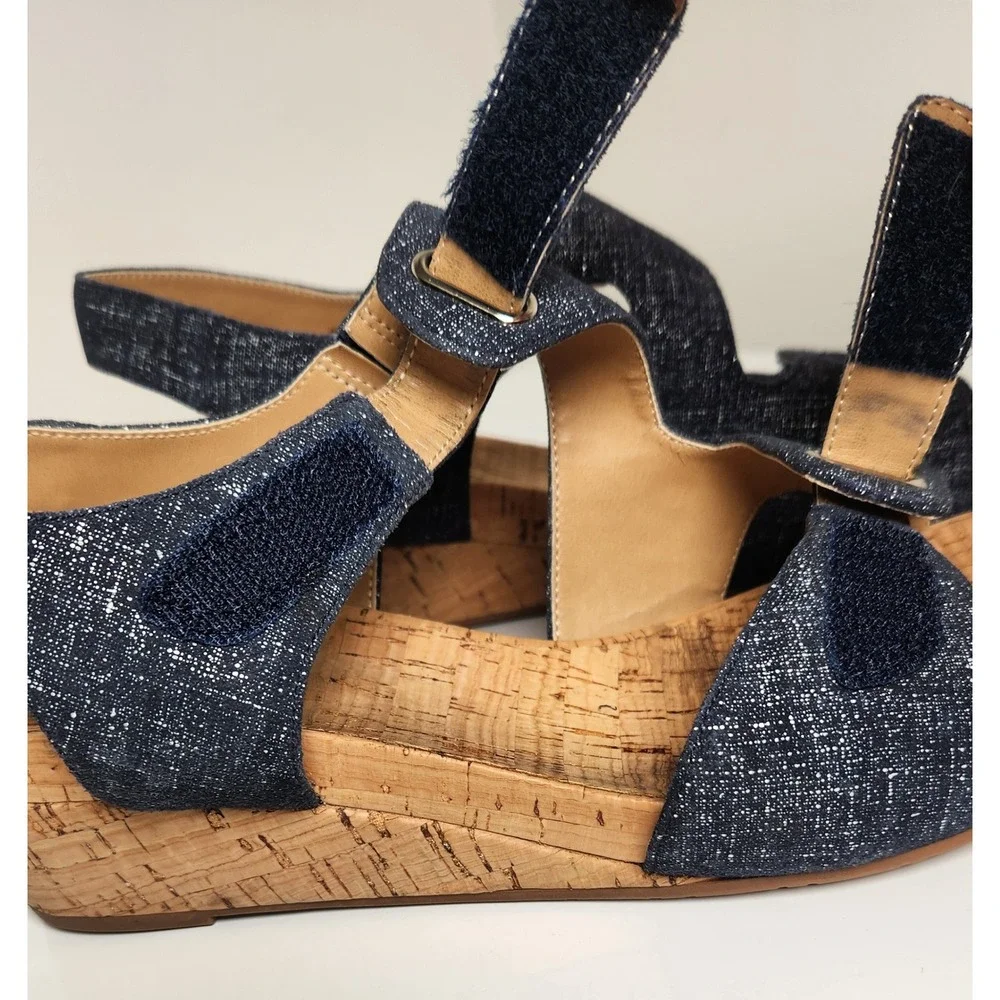Women's Navy Shimmer Leather Cork Wedge Sandals Adjustable Straps Blue 9M